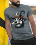 Dalmatian Witch Cauldron Halloween Graphic T-Shirt - model in grey shirt leaning against column