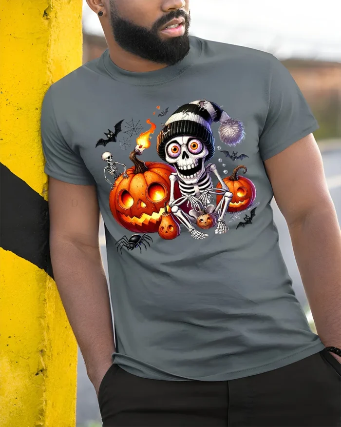 Skeleton Pumpkin Halloween Night Graphic T-Shirt - model in grey shirt leaning against column