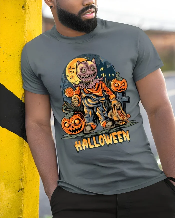 Scary Doll Mask Pumpkin Halloween Graphic T-Shirt - model in grey shirt leaning against column
