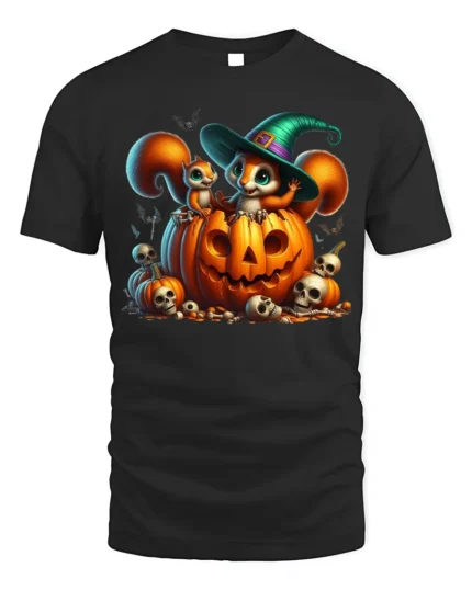 Cute Halloween Squirrel Pumpkin Witch T-Shirt - black t-shirt on white background