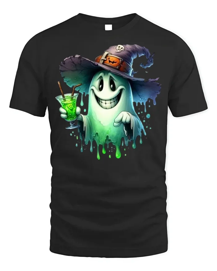 Halloween Ghost Witch Hat Potion Drink T-Shirt - black t-shirt on white background