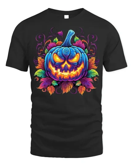 Halloween Neon Blue Pumpkin Glow T-Shirt - black t-shirt on white background