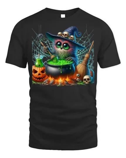 Halloween Witch Owl Cauldron Magic T-Shirt - black t-shirt on white background