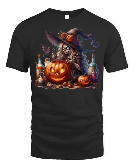 Halloween Witch Pumpkin Potion Brewing T-Shirt - black t-shirt on white background