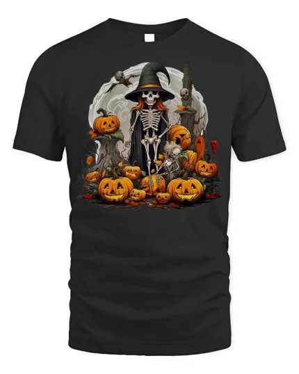 Halloween Skeleton Witch Pumpkin Moon T-Shirt - black t-shirt on white background