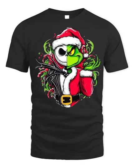 Christmas Grinch Skeleton Santa Mashup T-Shirt - black t-shirt on white background