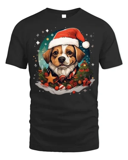 Christmas Dog Santa Hat Festive Holiday T-Shirt - black t-shirt on white background
