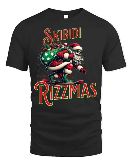 Funny Skibidi Rizzmas Santa Skateboard T-Shirt - black t-shirt on white background