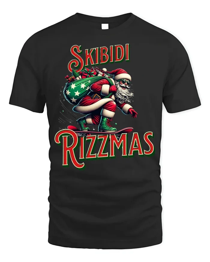 Funny Skibidi Rizzmas Santa Skateboard T-Shirt - black t-shirt on white background