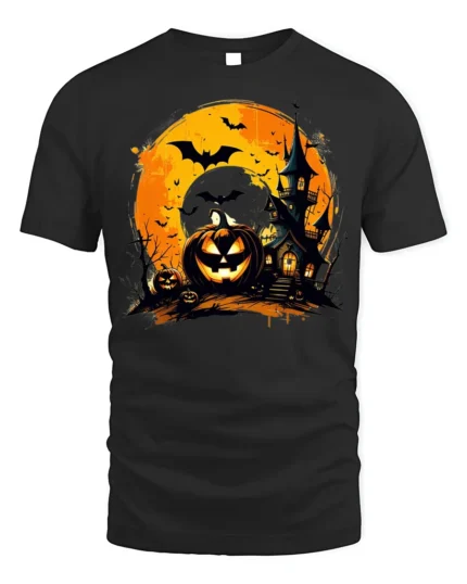 Halloween Haunted House Pumpkin Moon T-Shirt - black t-shirt on white background