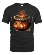 Halloween Pumpkin Cauldron Fire Potion T-Shirt - black t-shirt on white background