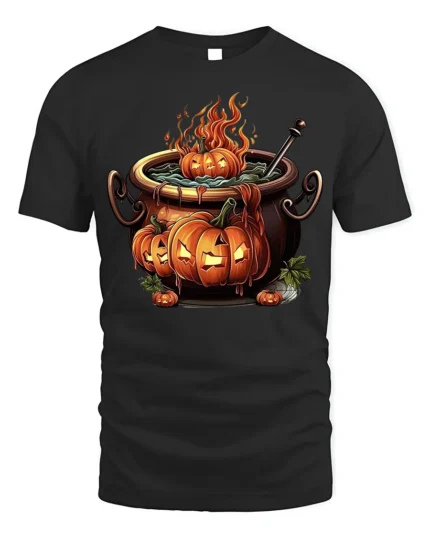 Halloween Pumpkin Cauldron Fire Potion T-Shirt - black t-shirt on white background