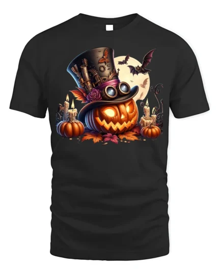 Halloween Steampunk Pumpkin Moon T-Shirt - black t-shirt on white background