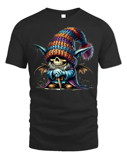 Halloween Skeleton Gnome Colorful Hat T-Shirt - black t-shirt on white background