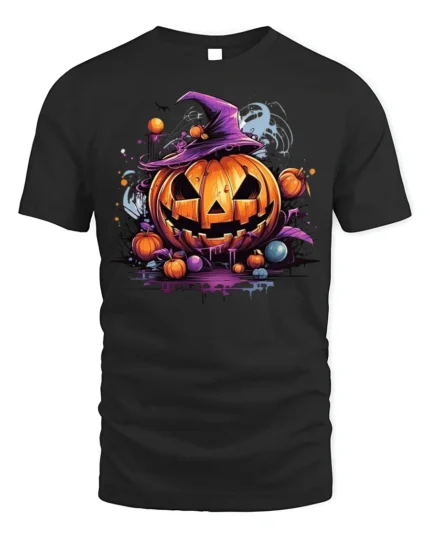 Halloween Pumpkin Witch Hat Spooky T-Shirt - black t-shirt on white background