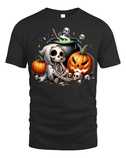 Halloween Skeleton Cauldron Pumpkin T-Shirt - black t-shirt on white background