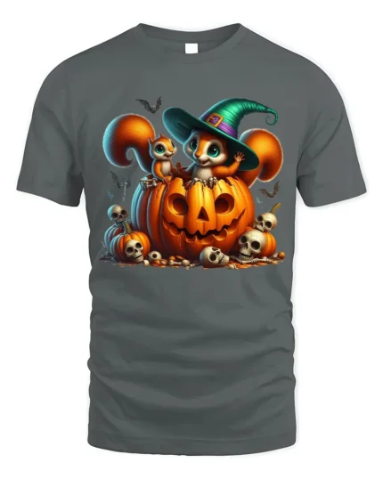 Cute Halloween Squirrel Pumpkin Witch T-Shirt - gray t-shirt on white background