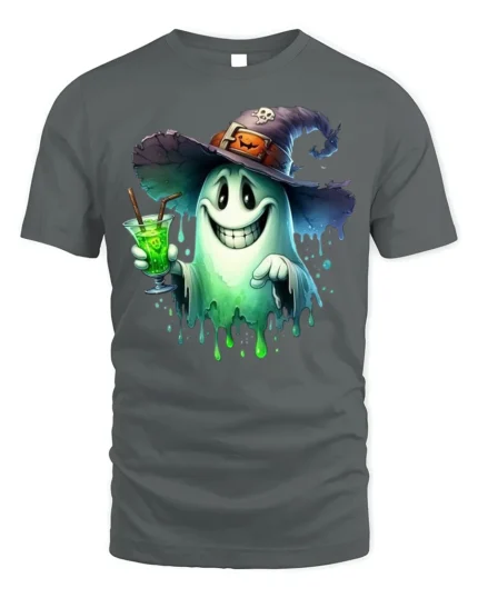 Halloween Ghost Witch Hat Potion Drink T-Shirt - gray t-shirt on white background