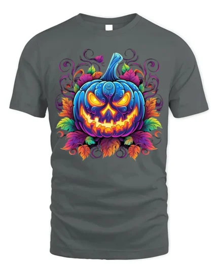 Halloween Neon Blue Pumpkin Glow T-Shirt - gray t-shirt on white background