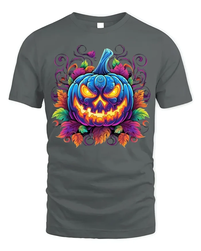 Halloween Neon Blue Pumpkin Glow T-Shirt - gray t-shirt on white background