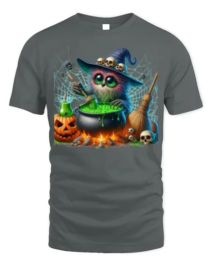 Halloween Witch Owl Cauldron Magic T-Shirt - gray t-shirt on white background