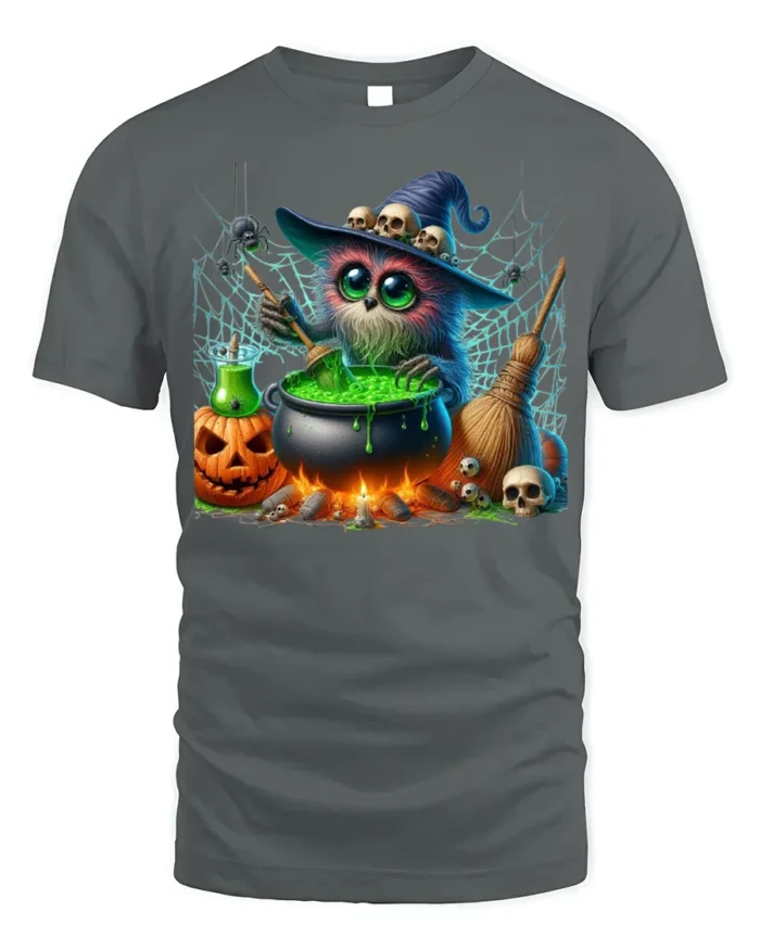 Halloween Witch Owl Cauldron Magic T-Shirt - gray t-shirt on white background