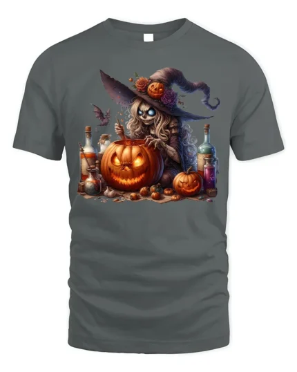 Halloween Witch Pumpkin Potion Brewing T-Shirt - gray t-shirt on white background