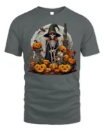 Halloween Skeleton Witch Pumpkin Moon T-Shirt - gray t-shirt on white background