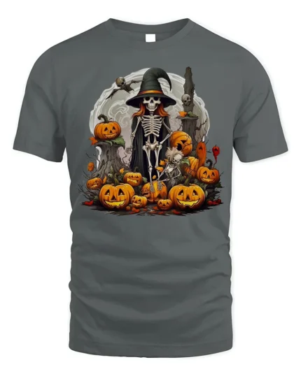 Halloween Skeleton Witch Pumpkin Moon T-Shirt - gray t-shirt on white background