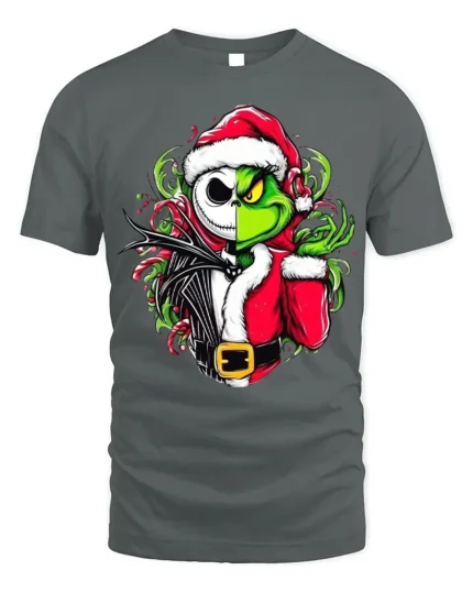 Christmas Grinch Skeleton Santa Mashup T-Shirt - gray t-shirt on white background