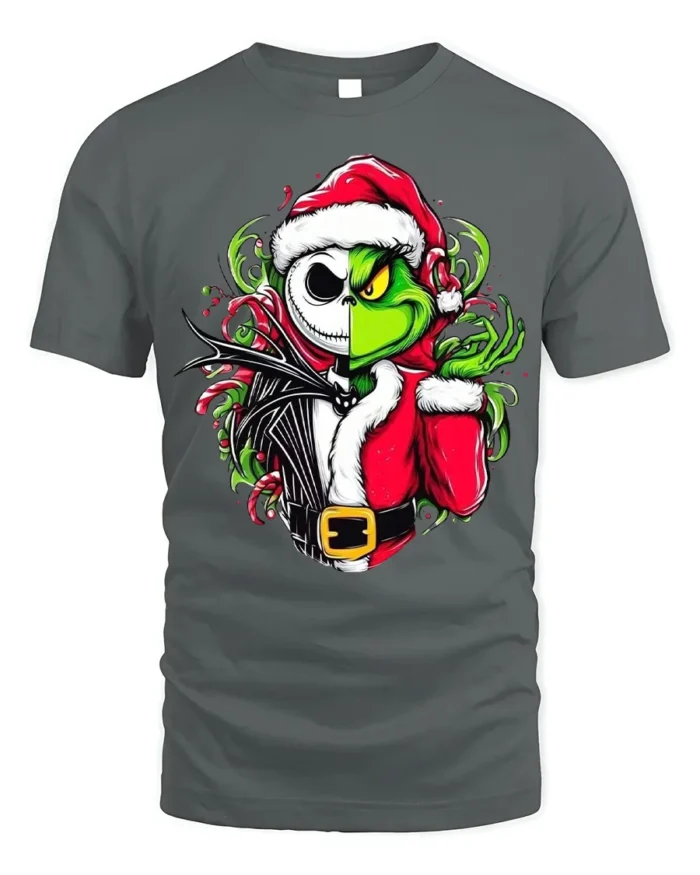 Christmas Grinch Skeleton Santa Mashup T-Shirt - gray t-shirt on white background