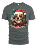 Christmas Dog Santa Hat Festive Holiday T-Shirt - gray t-shirt on white background