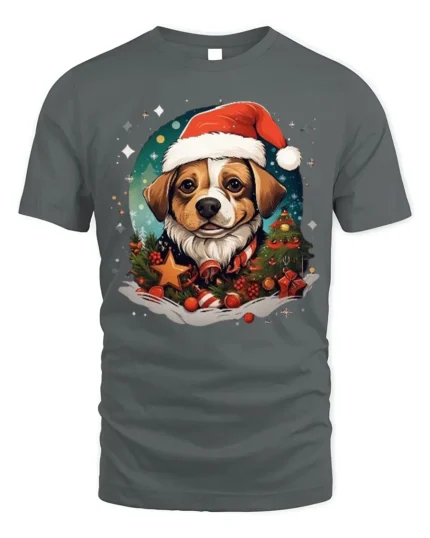 Christmas Dog Santa Hat Festive Holiday T-Shirt - gray t-shirt on white background