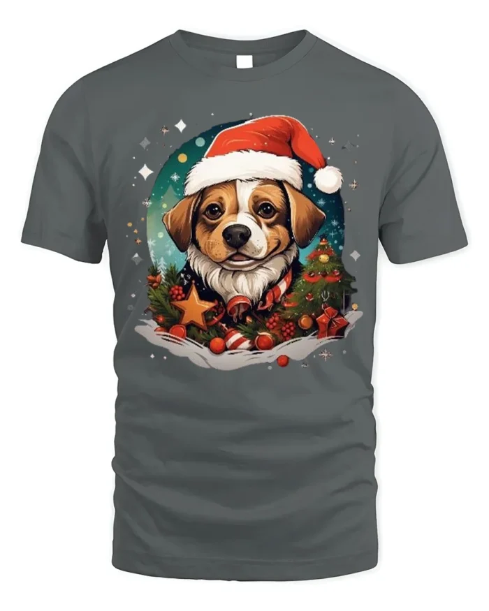 Christmas Dog Santa Hat Festive Holiday T-Shirt - gray t-shirt on white background