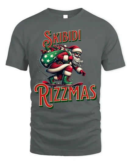 Funny Skibidi Rizzmas Santa Skateboard T-Shirt - gray t-shirt on white background