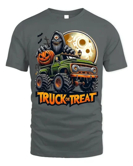 Halloween Monster Truck Grim Reaper T-Shirt - gray t-shirt on white background