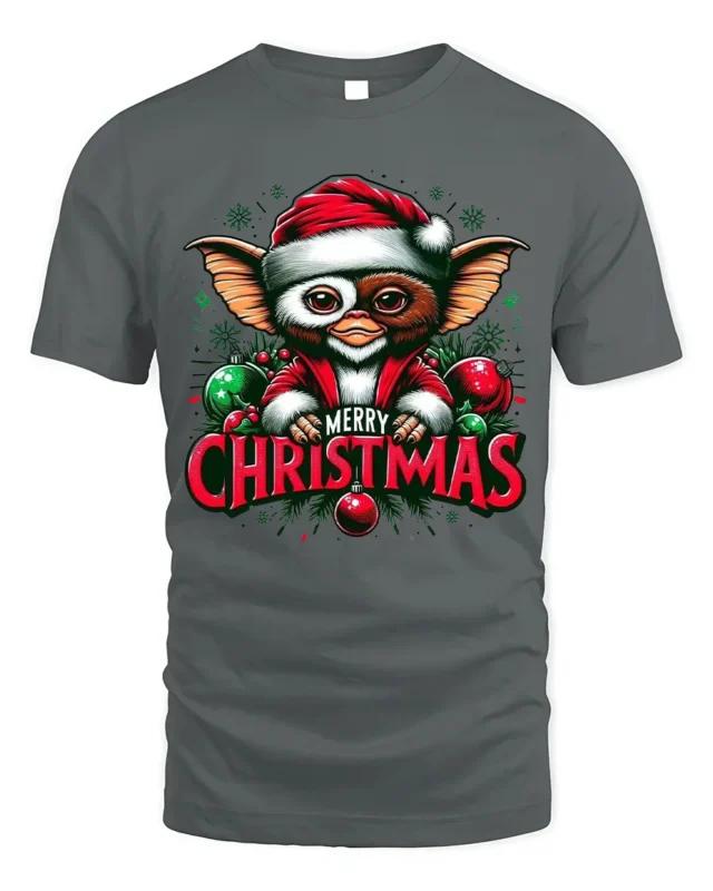 Christmas Cute Creature Santa Hat T-Shirt - gray t-shirt on white background