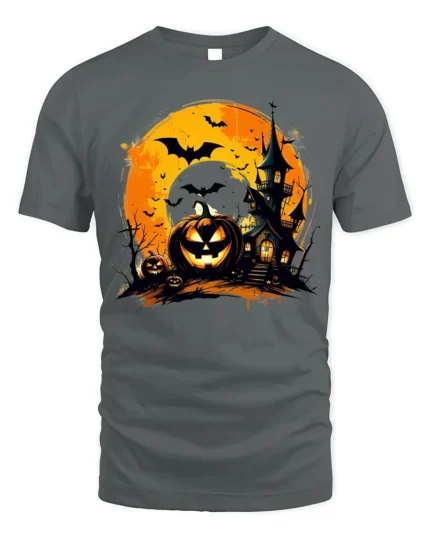 Halloween Haunted House Pumpkin Moon T-Shirt - gray t-shirt on white background