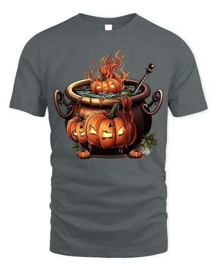 Halloween Pumpkin Cauldron Fire Potion T-Shirt - gray t-shirt on white background