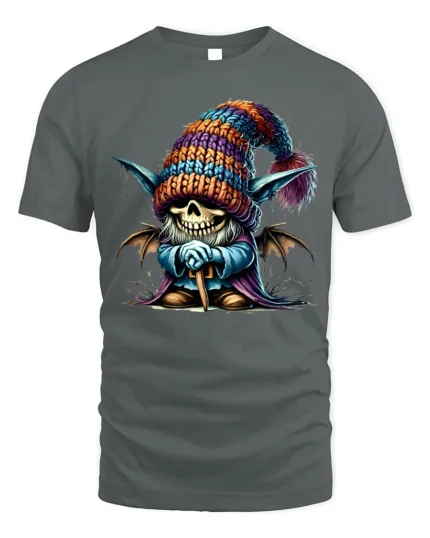 Halloween Skeleton Gnome Colorful Hat T-Shirt - gray t-shirt on white background