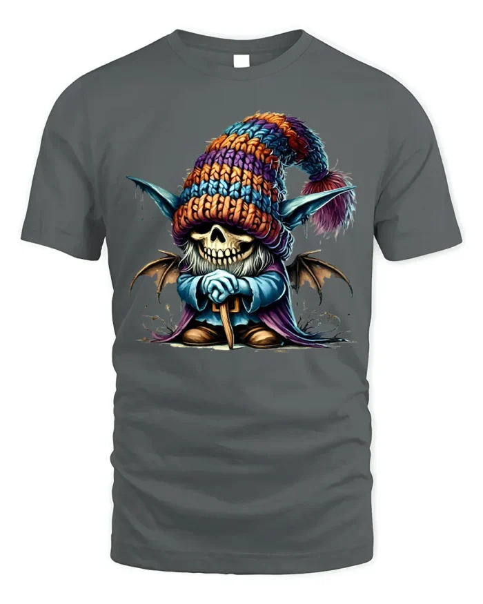 Halloween Skeleton Gnome Colorful Hat T-Shirt - gray t-shirt on white background