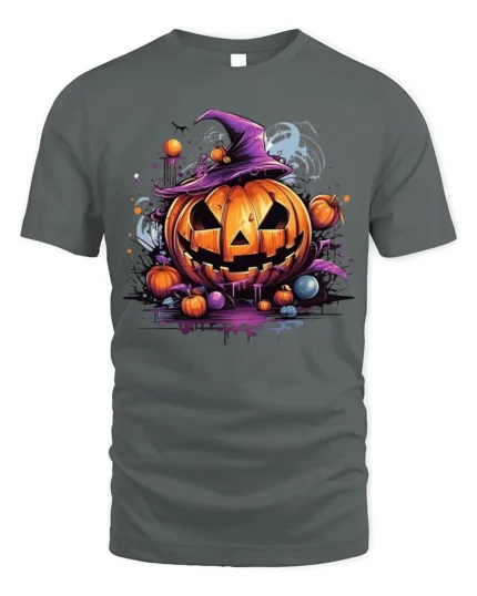 Halloween Pumpkin Witch Hat Spooky T-Shirt - gray t-shirt on white background