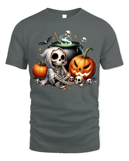 Halloween Skeleton Cauldron Pumpkin T-Shirt - gray t-shirt on white background