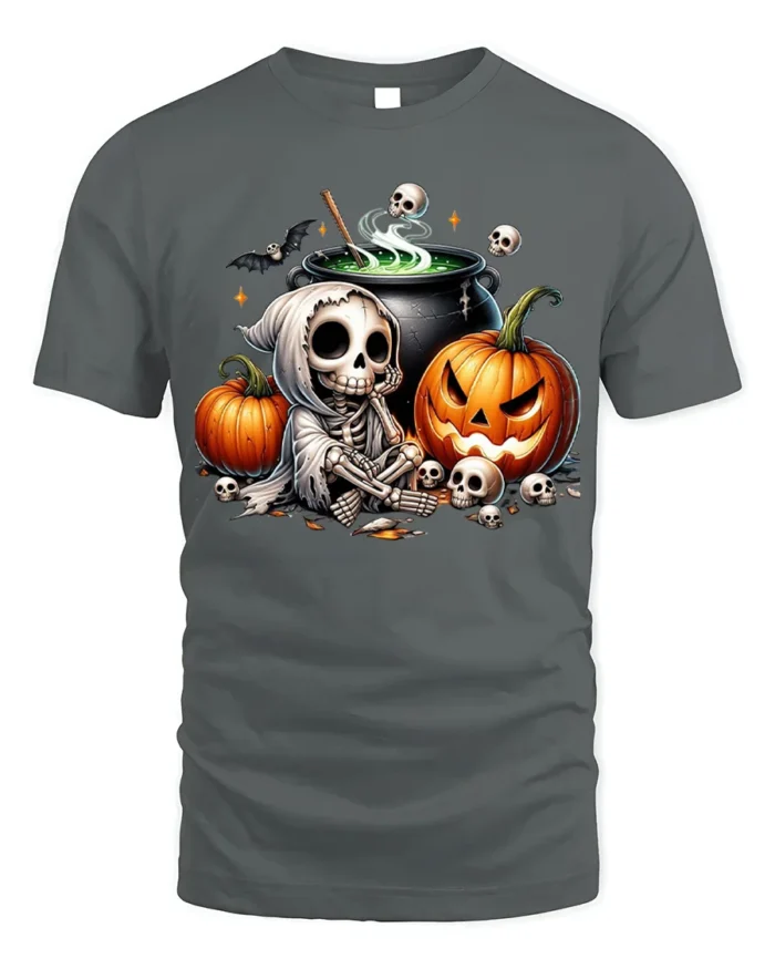 Halloween Skeleton Cauldron Pumpkin T-Shirt - gray t-shirt on white background