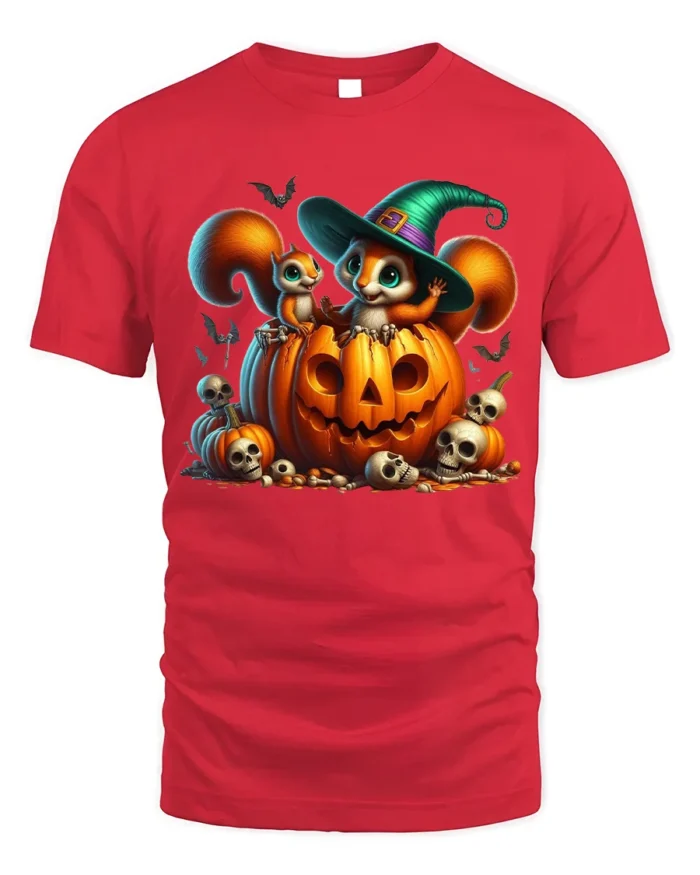 Cute Halloween Squirrel Pumpkin Witch T-Shirt - red t-shirt on white background