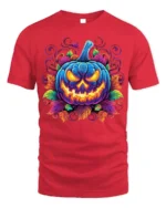 Halloween Neon Blue Pumpkin Glow T-Shirt - red t-shirt on white background