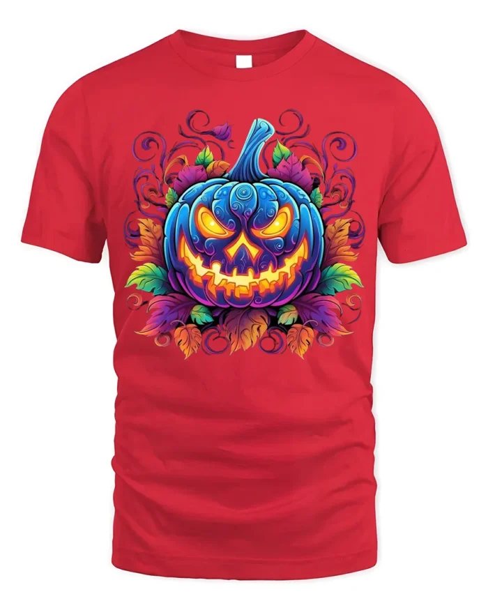 Halloween Neon Blue Pumpkin Glow T-Shirt - red t-shirt on white background