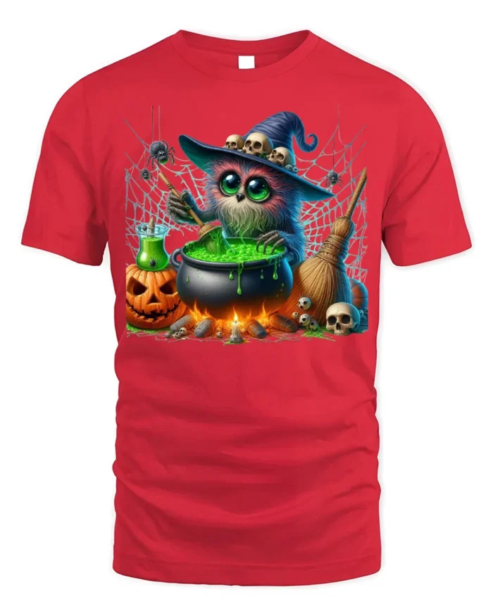 Halloween Witch Owl Cauldron Magic T-Shirt - red t-shirt on white background