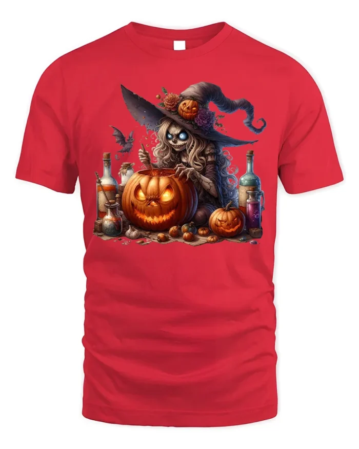 Halloween Witch Pumpkin Potion Brewing T-Shirt - red t-shirt on white background
