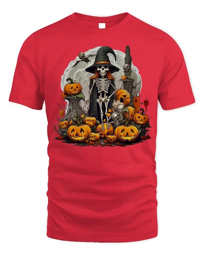 Halloween Skeleton Witch Pumpkin Moon T-Shirt - red t-shirt on white background